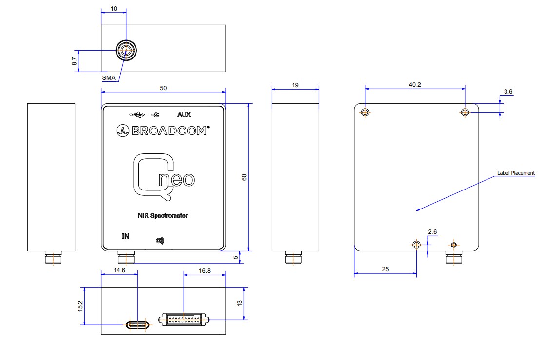 Mechanical Drawing - Broadcom Qneo AFBR-S20N1N256 Neat NIR Spectrometer